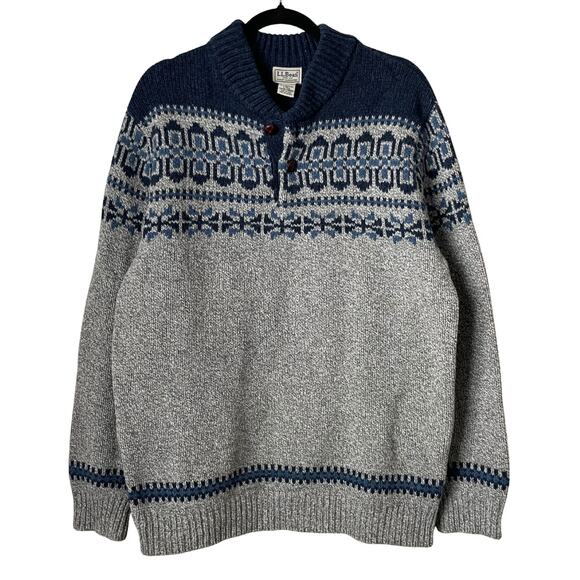 LL Bean Sweater Mens Large Tall Gray Blue Lambs Wool Fair Isle Nordic Winter - Picture 1 of 11